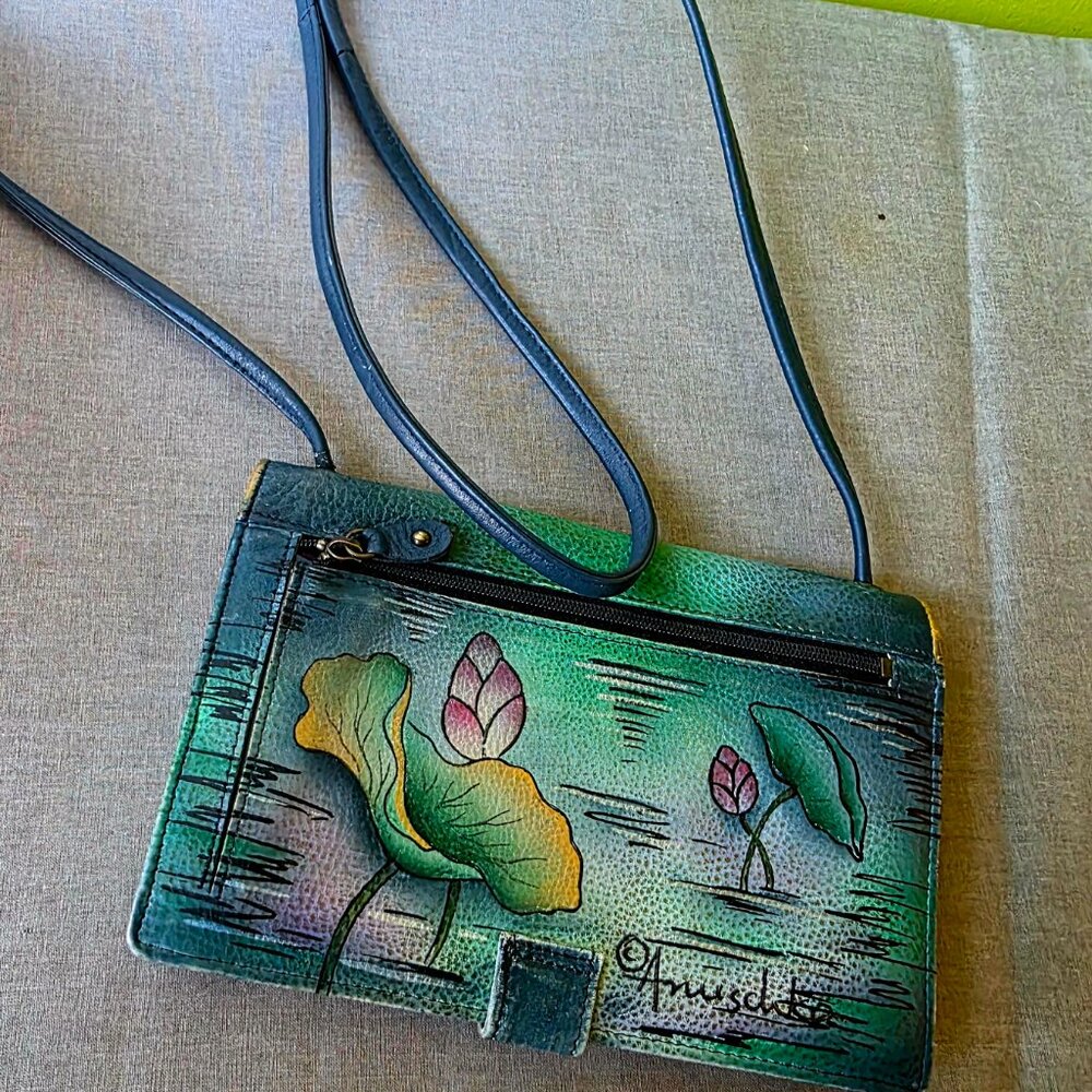 Anuschka hand-painted leather crossbody wallet purse Koi Pond - Picture 2 of 3
